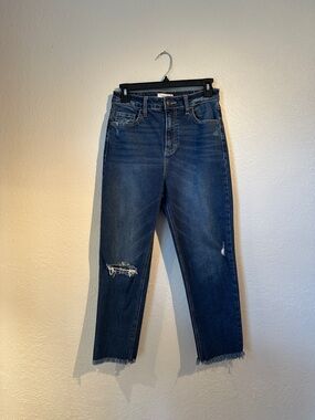 Cello Dark Blue High-Rise Distressed Straight Jeans